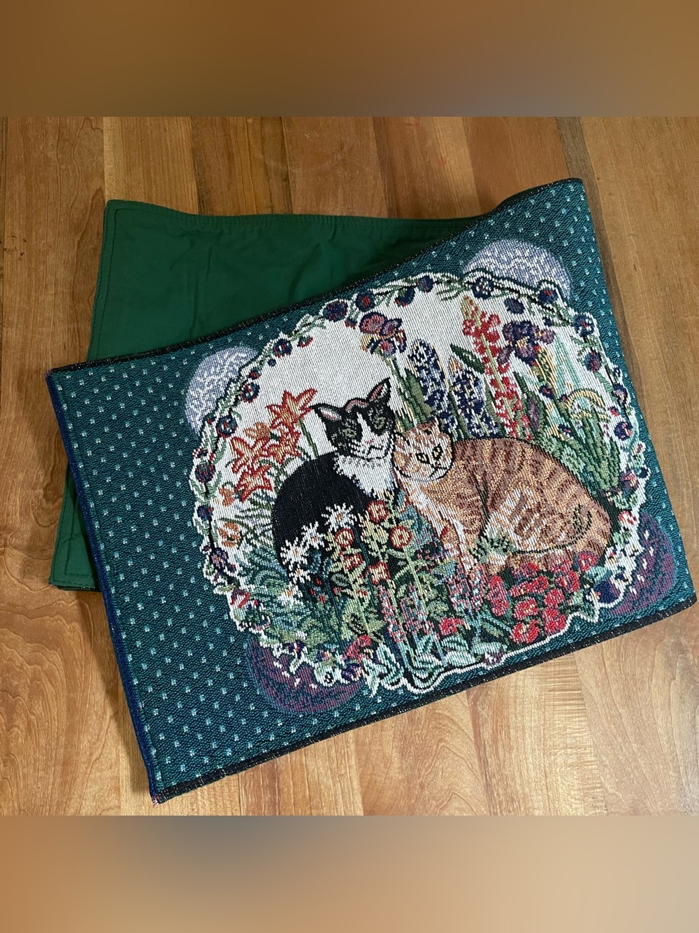 Vintage Long Cat Tapestry Table Runner 13 x 70 Tuxedo Tabby Green Cottagecore